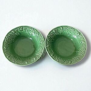 BORDALLO PINHEIRO TURKEY (GREEN) PORTUGUESE MAJOLICA SOUP CEREAL BOWL SET of  2